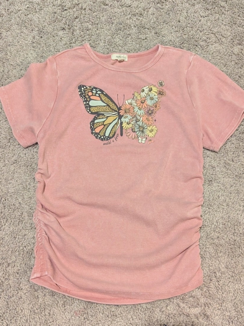 Girls' Pink Butterfly & Floral Short Sleeve Top - Side Ruched